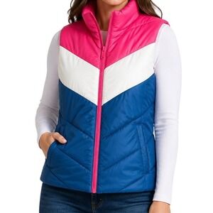 Gap Pink White Blue Colorblock Puffer Vest Women's Large